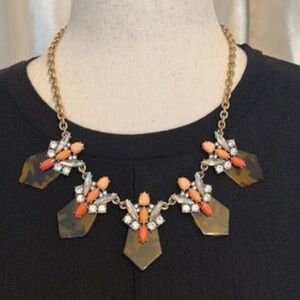 J.Crew Necklace Gold Tone Tortoise Rhinestone Statement Orange Opaque Brown EUC